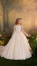 Abito da bambina da cerimonia con corpetto di cristalli e gonna in tulle glitterato