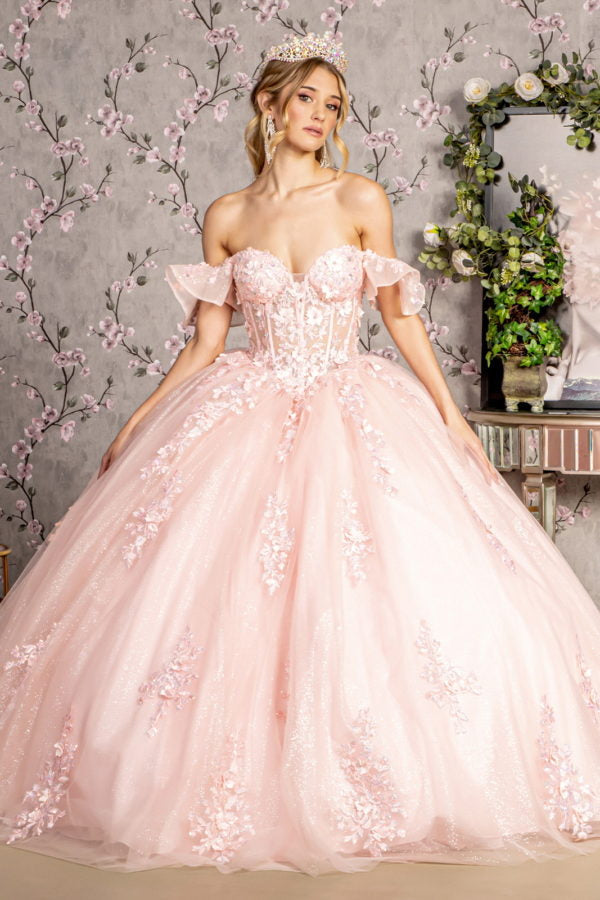 Abito da ballo elegante con applicazioni floreali 3D e paillettes
